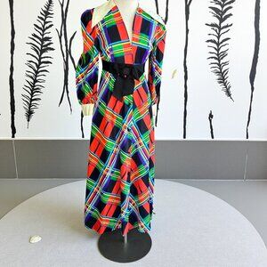 Eyeful Vintage 70s Plaid Dagger Point Lapels Maxi Dress Size Small